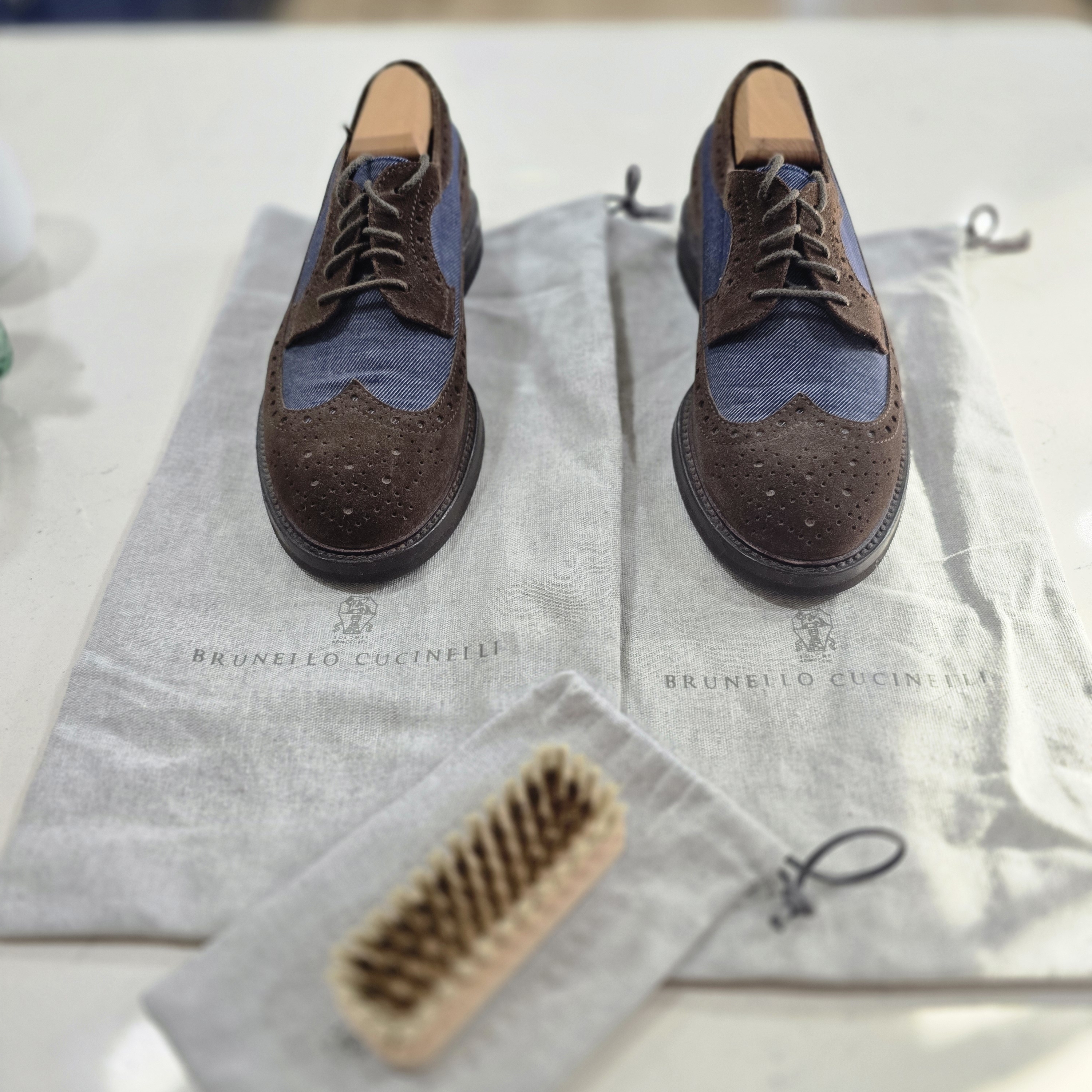 Brunello Cucinelli Leather And Denim Wing Tip Oxford